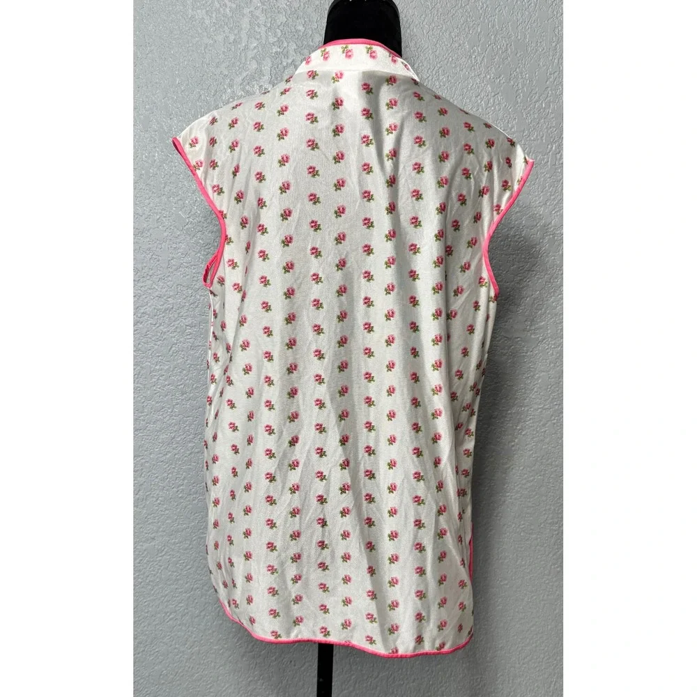 Vintage Montgomery Ward Nylon Floral Pajama Top Pink Rosebud Sleeveless Large